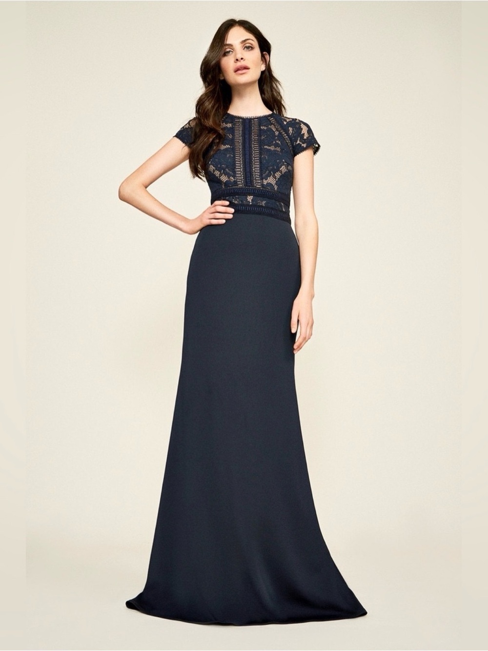 Tadashi Shoji Catrine Navy Blue Lace Bodice Crepe Gown, Size 6 - Picture 3 of 15